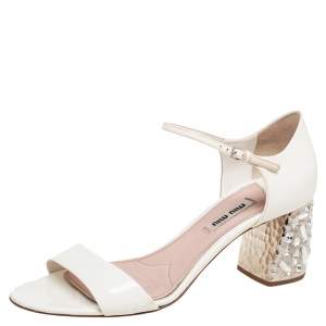 Miu Miu White Patent Leather Crystal Embellished Heel Sandals Size 38