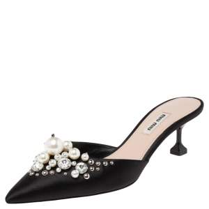 Miu Miu Black Satin Faux Pearl Embellished Pointed Toe Mules Size 38
