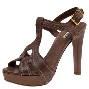 Miu Miu Brown Leather Stitch Detail Ankle Strap Platform Sandals Size 38