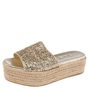 Miu Miu Gold Coarse Glitter Espadrille Platform Slide Sandals Size 39