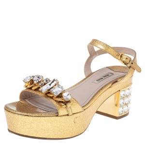 Miu Miu Gold Patent Leather Crystal Embellished Block Heel Ankle Strap Sandals Size 38.5