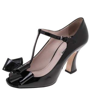 Miu Miu Black Patent Bow T-Strap Pumps Size 38.5