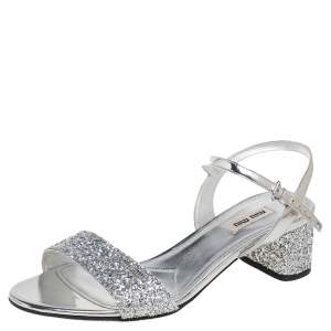Miu Miu Silver Glitter and Patent Leather Ankle-Strap Sandals Size 38