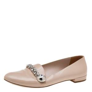 Miu Miu Beige Patent Leather Crystal Embellished Smoking Slippers Size 40