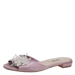 Miu Miu Pink Satin Crystal Embellished Slide Sandals Size 40