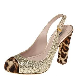 Miu Miu Tri-Color Coarse Glitter and Leopard Print Calf Hair Cap-Toe Slingback Pumps Size 37.5