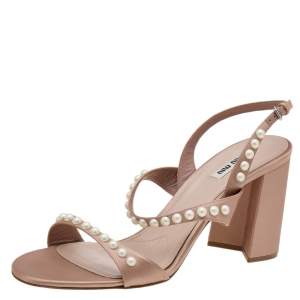 Miu Miu Beige Satin Pearl Embellished Ankle Strap Sandals Size 42