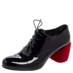 Miu Miu Black Patent Leather Shearling Heel Lace-Up Oxfords Size 38