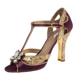 Miu Miu Gold/Purple  Satin  And Glitter Crystal Embellished T Strap Sandals Size 40