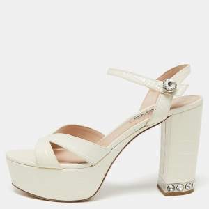 Miu Miu Off-White Croc Embossed Leather Crystal Embellished Block Heel Platform Sandals Size 38.5