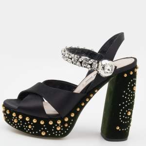 Miu Miu Black Satin Crystal Embellished Criss Cross Platform Ankle Strap Sandals Size 36