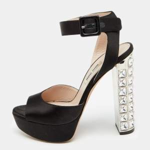 Miu Miu Black Satin Embellished Heel Ankle Strap Sandals Size 36