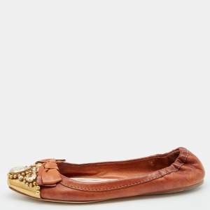 Pre Owned Miu Miu Brown Leather Crystal Embellished Ballet Flats Size 38