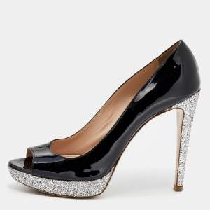 Miu Miu Black Patent Leather Glitter Peep Toe Platform Pumps Size 40