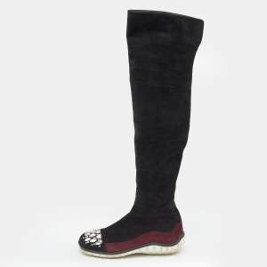 Miu Miu Black/Burgundy Suede Crystal Embellished Over The Knee Boots Size 39