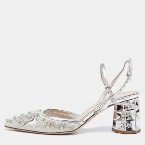 مملوكة مسبقًا Miu Miu Silver/Grey Leather And Satin Crystal Embellished Block Heel Sandals Size 36