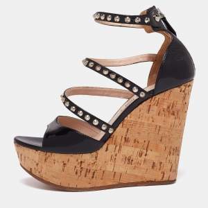 Miu Miu Black Patent Leather Cork Wedge Platform Sandals Size 36
