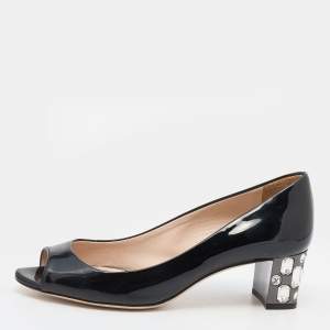 Miu Miu Black Patent Leather Crystal Embellished Block Heel Peep Toe Pumps Size 36