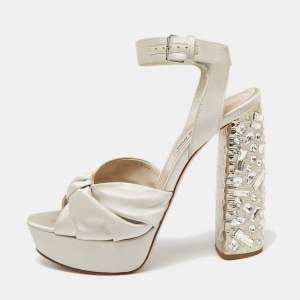 Miu Miu Grey Satin Crystal Embellished Heel Platform Ankle Strap Sandals Size 39.5