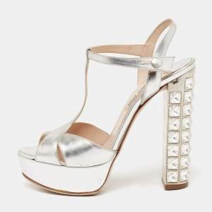 Miu Miu Silver Leather T-Strap Crystal Embellished Heel Platform Sandals Size 35.5