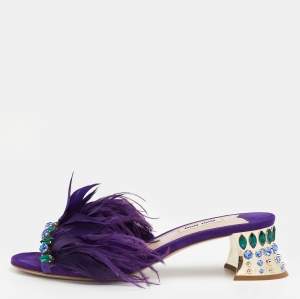 Miu Miu Purple Suede Feather Crystal Embellished Block Heel Slide Sandals Size 38.5