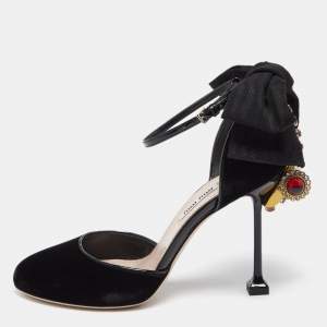 Miu Miu Black Velvet Crystal Embellished Heel Bow Ankle Strap Sandals Size 37.5