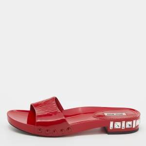 Miu Miu Red Patent Leather Crystal Embellished Heel Slide Sandals Size 37.5