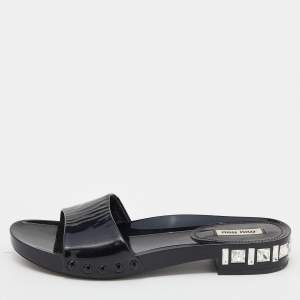 Miu Miu Black Patent Leather Crystal Embellished Heel Slide Sandals Size 37.5