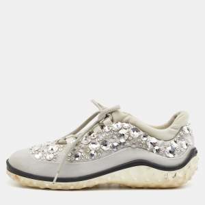 Miu Miu Grey Satin And Stretch Fabric Astro Crystal Embellished Low Top Sneakers Size 36