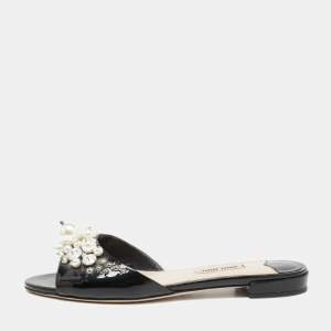 Miu Miu Black Patent Leather Pearl Embellished Flats Size 37
