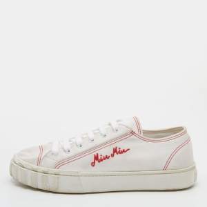 Miu Miu White Logo Embroidered Fabric Low Top Sneakers Size 41