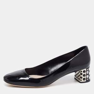 Pre Owned Miu Miu Black Patent Leather Crystal Embellished Block Heel Pumps Size 39