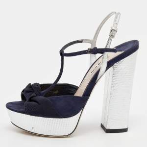 مملوكة مسبقًا Miu Miu Navy Blue/Silver Suede and Snakeskin Embossed Leather T-Strap Platform Sandals Size 37