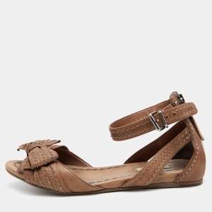 Miu Miu Brown Leather Bow Detail Ankle Strap Flat Sandals Size 38.5