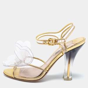 Miu Miu Gold Leather and PVC Flower Applique Ankle-Strap Sandals Size 36.5