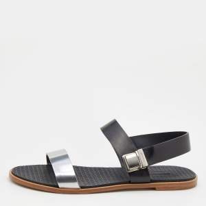 Miu Miu Black/Silver Leather Slingback Flat Sandals Size 39