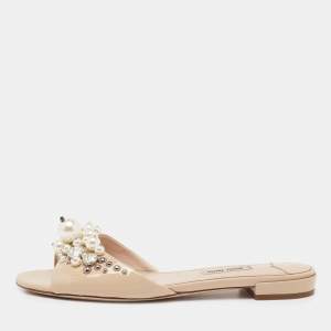 Miu Miu Beige Patent Leather Pearl Embellished Flats Size 37.5