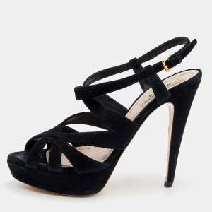 Miu Miu Black Suede Caged Slingback Platform Sandals Size 38.5