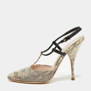 Miu Miu Beige/Black Lizard Embossed Leather T-Strap Sandals Size 36 