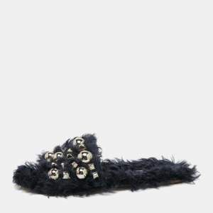 Miu Miu Navy Blue Fur Embellished Flat Slides Size 37.5