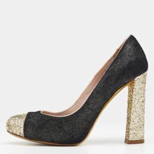 Miu Miu Black/Gold Calf Hair And Glitter Cap Toe Block Heel Pumps Size 37.5