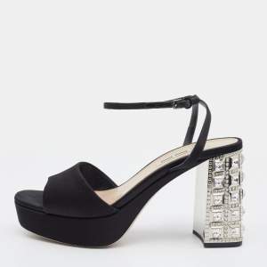 Miu Miu Black Satin Crystal Embellished Block Heel Ankle Strap Sandals Size 39