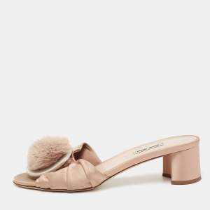 Miu Miu Beige Pleated Satin Pom Pom Slide Sandals Size 40