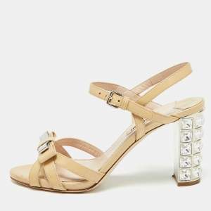 Miu Miu Beige Patent Leather Crystal Embellished Heel Ankle Strap Sandals Size 36.5