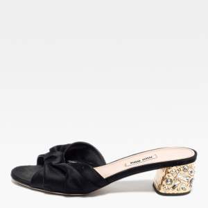 Miu Miu Black Satin Heel Embellished Slide Sandals Size 38.5