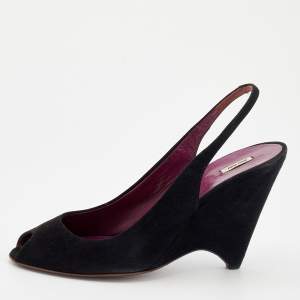 Miu Miu Black Suede Wedge Peep Toe Slingback Sandals Size 40.5