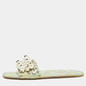 Miu Miu Gold/Blue Brocade Fabric Pearl Embellished Slide Sandals Size 39.5 