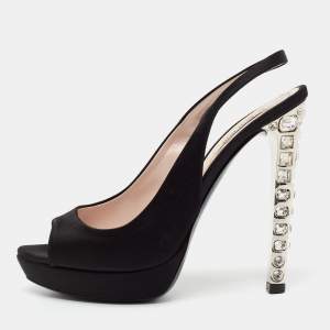 Miu Miu Black Satin Crystal Embellished Heel Peep-Toe Slingback Sandals Size 36.5