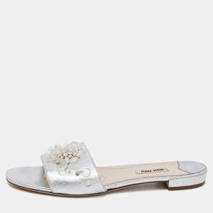 Miu Miu Silver Leather Embellished Flats Size 40