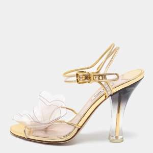 Miu Miu Gold PVC And Leather Vinyl Floral Embellished Ankle Strap Sandals Size 37